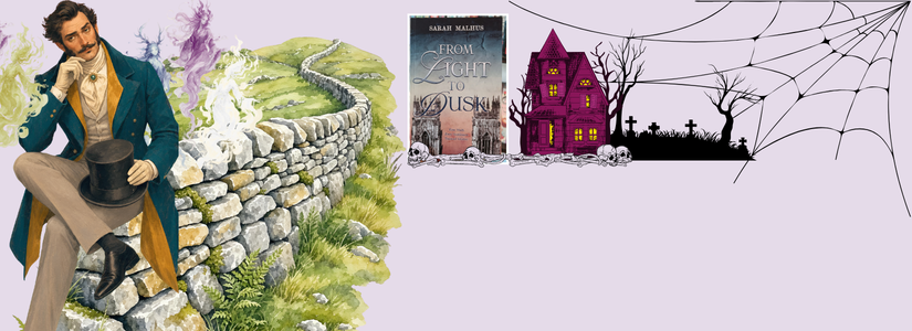 Artikelbild für Rezension "From Light to Dusk" mit viktoranischem Gentleman, dem Buchcover und Bilddetails, die für Grusel stehen